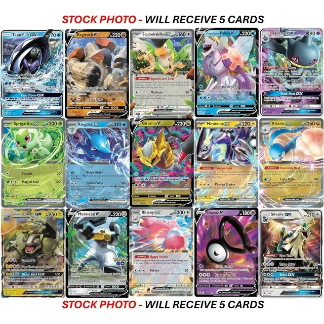 Pokemon Ultra Rare 5-Singles Pack - V, Gx, ex, Assorted Variety - No Duplicates