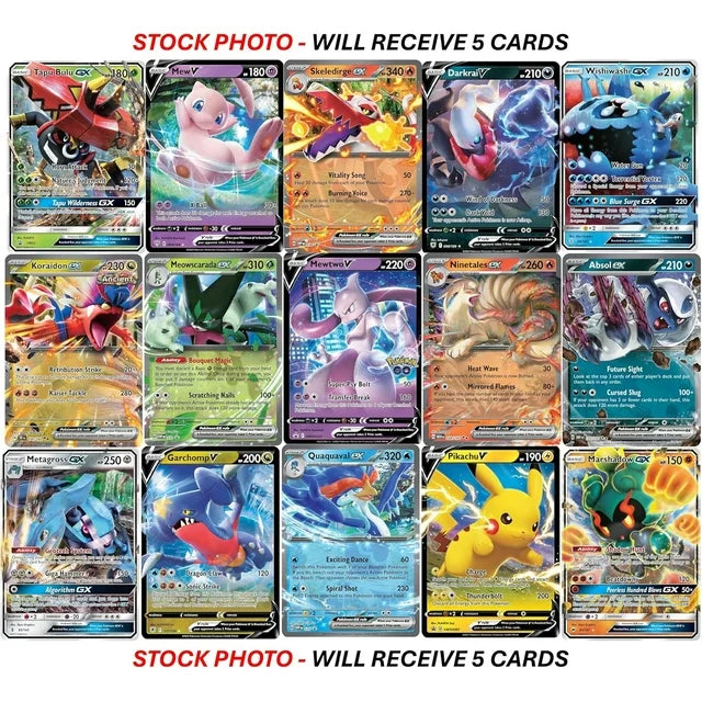 Pokemon Ultra Rare 5-Singles Pack - V, Gx, ex, Assorted Variety - No Duplicates