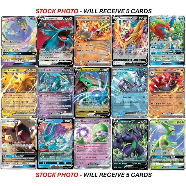 Pokemon Ultra Rare 5-Singles Pack - V, Gx, ex, Assorted Variety - No Duplicates